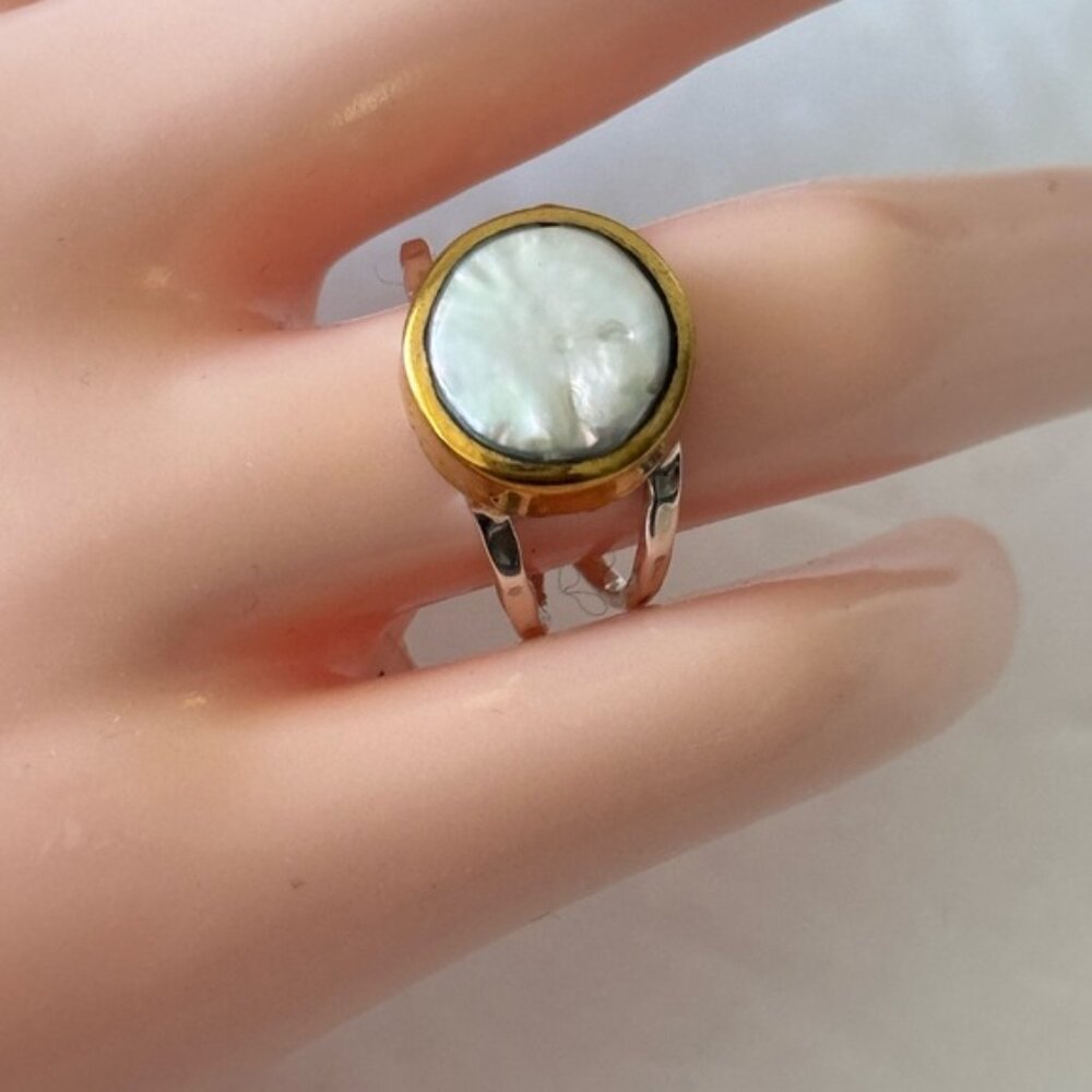 Shivam Made in India Sterling Silver 925 Brass Plated Pearl Ring Sz. 7